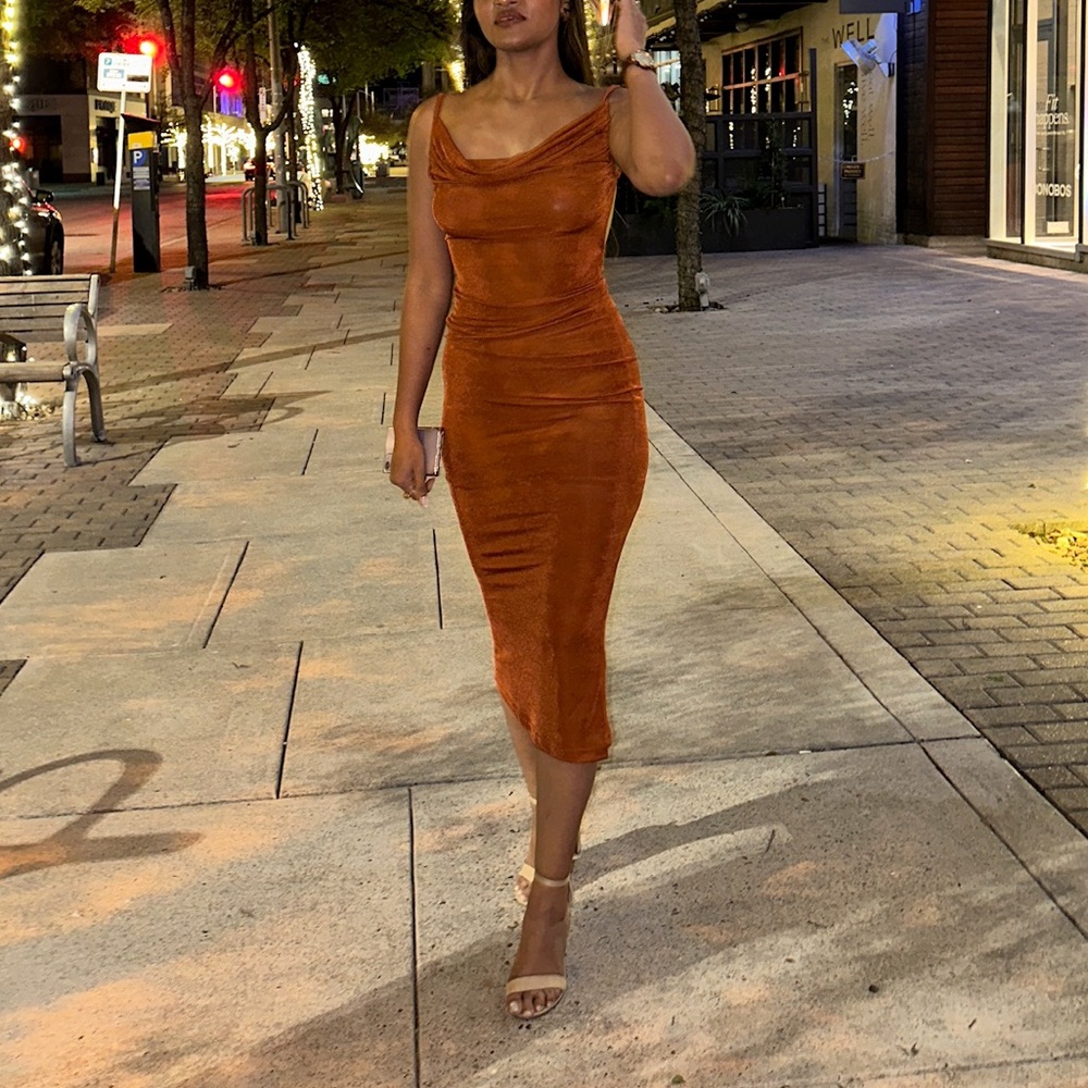 Rust orange cowl neck backless knee length bodyfit date dress